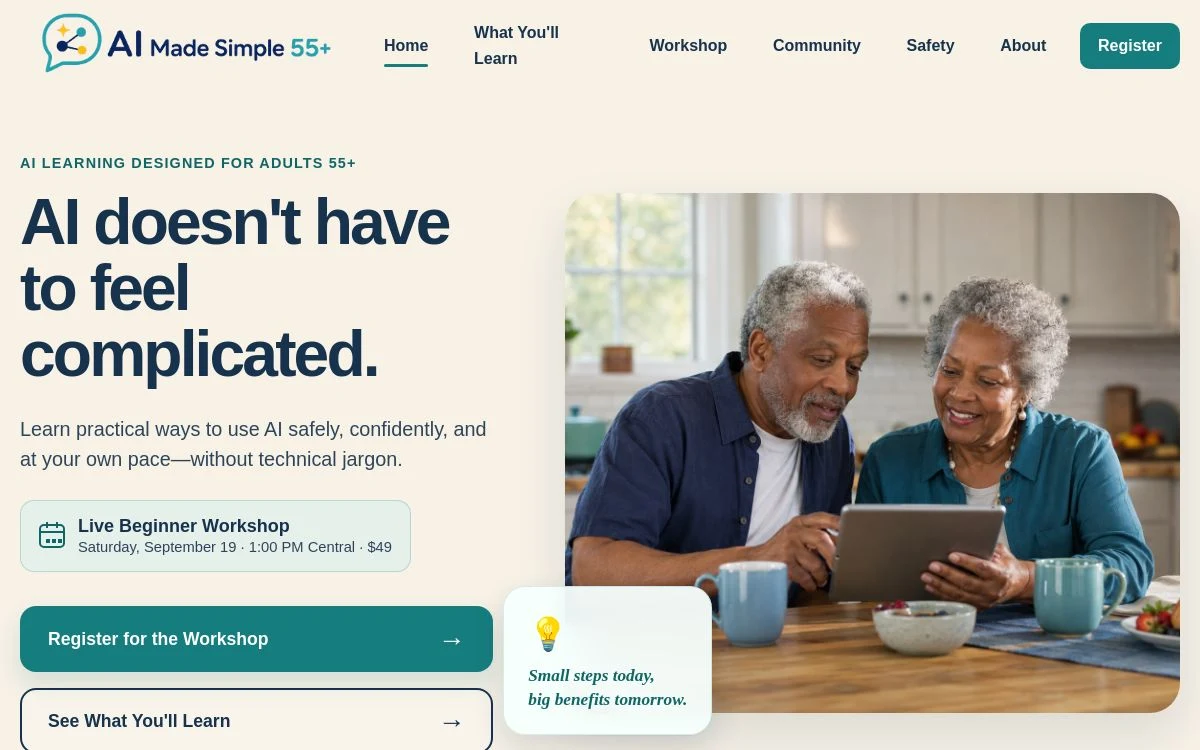 Public homepage preview of AI Made Simple 55+